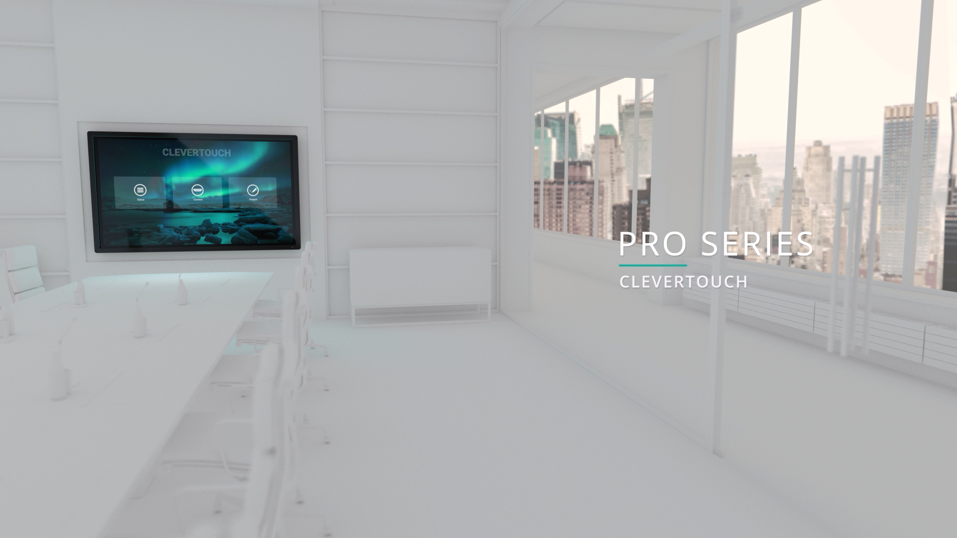 The Clevertouch panel on the wall of a bright, window-lit room